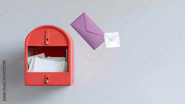 Fototapeta 3D Render of Overflowing Red Mailbox With Incoming Purple Envelope Against Minimalist Gray Wall Background