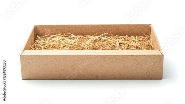 Fototapeta Empty Cardboard Gift Box with Straw Filler Isolated on White Background
