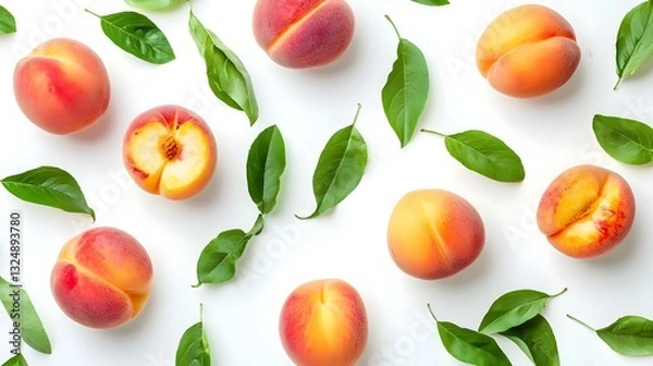 Fototapeta Fresh ripe peaches and green leaves on white