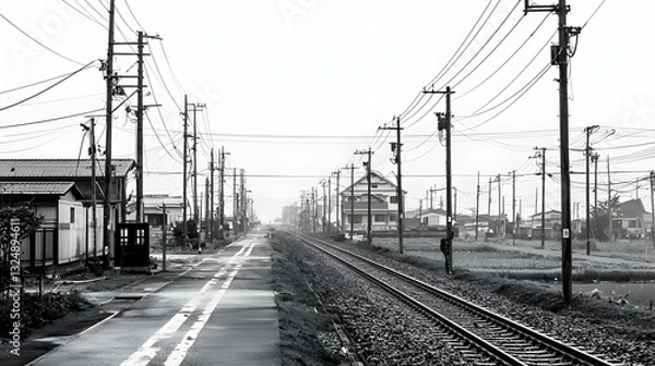 Fototapeta Black And White Railroad Tracks Stretching Into The Distance Under A Cloudy Sky With Power Poles Buildings And Lines