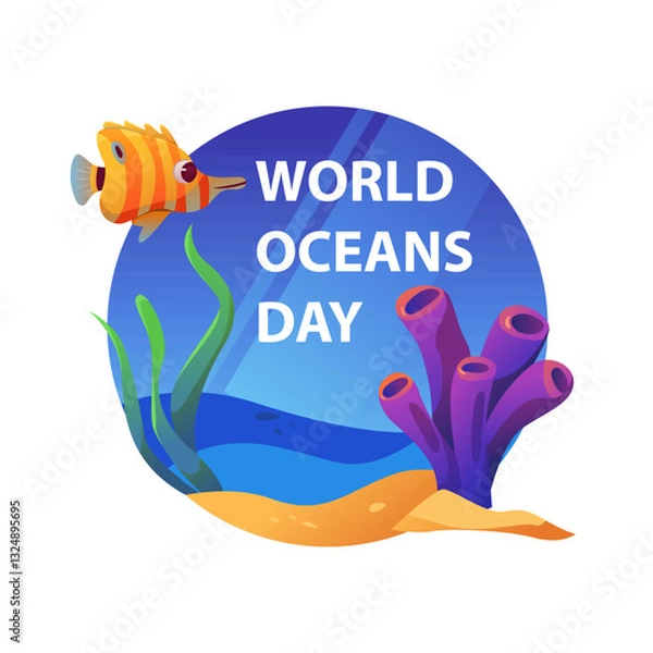 Fototapeta World Oceans Day. Underwater World with Swimming Fish, Seaweed and Coral. Vector Illustration in Cartoon Style.