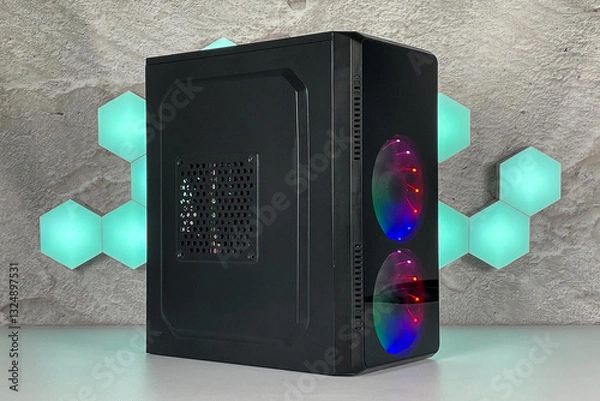 Fototapeta Modern black computer system unit  with rgb fans