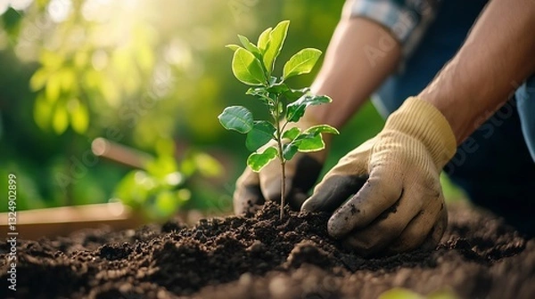 Obraz Hands Planting a Young Tree Sapling in Soil