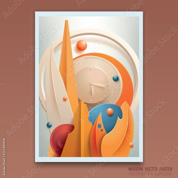 Obraz Vector. Abstract modern background. Expressive composition of 3D figures with bright vegetation in orange and beige shades. Modern poster for interior design and printing. 