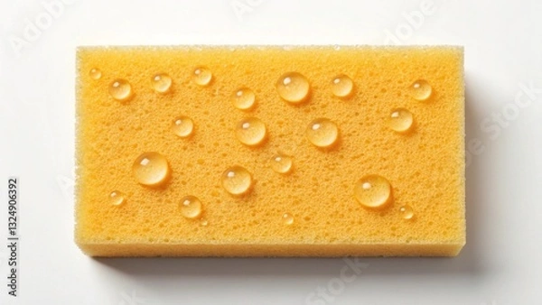 Fototapeta Bright Yellow Cleaning Sponge with Sudsy Detergent, Sparkling Clean White Surface. Perfect for household cleaning product advertising, websites, blogs, and social media. High-resolution,    