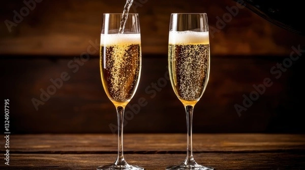 Fototapeta Two champagne glasses filled with sparkling wine in a rustic setting.