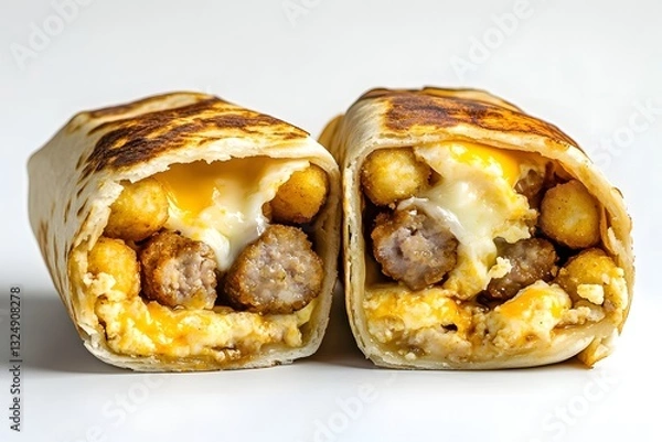 Fototapeta Two halves of a breakfast burrito featuring sausage, tater tots, egg, and cheese are displayed against a white background. The fillings are visible in the cut portions of the burrito.