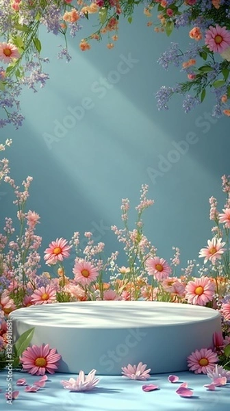 Fototapeta display podium with spring flowers on wall