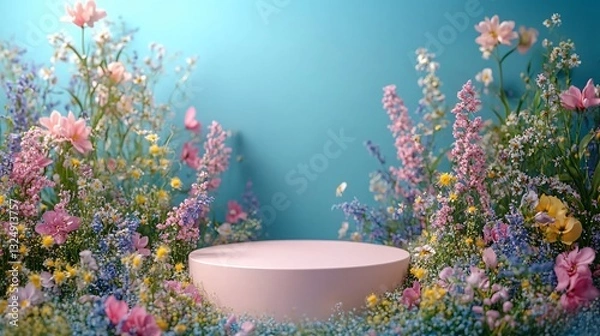 Fototapeta display stand with spring flowers on blue wall