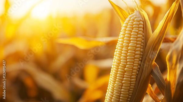 Obraz Close-up of a golden corn cob in a sunlit field during harvest season.