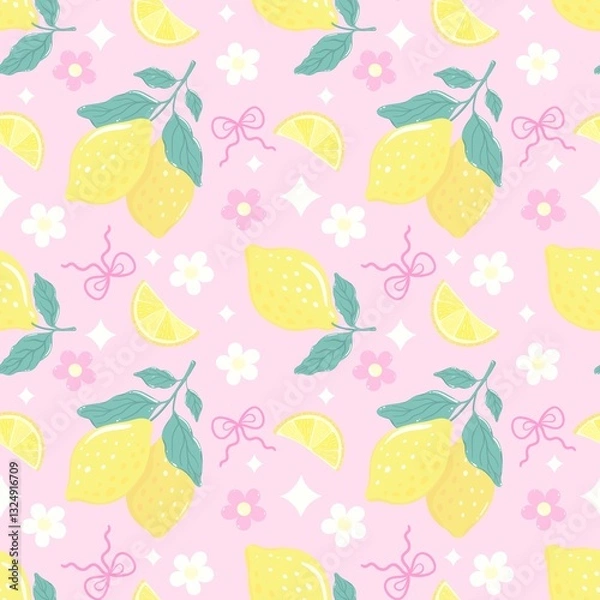 Fototapeta Sunny Lemon Blossom ,Cute Lemon Pattern with Bows and  Flowers.Seamless Digital Paper