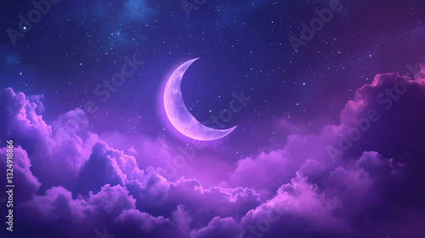 Fototapeta A luminous crescent moon surrounded by soft purple clouds at night. Moonlit Vapors. Illustration