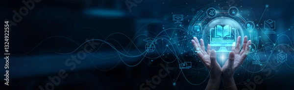 Fototapeta Hand holding of global digital network connection, online education platform virtual classroom interactive learning modules, seamless communication accessibility knowledge sharing skill development.