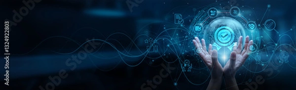 Fototapeta Hand man holding of global quality assurance network connection, ensuring seamless data integration, monitoring system performance, maintaining high standards, implementing rigorous testing protocols.