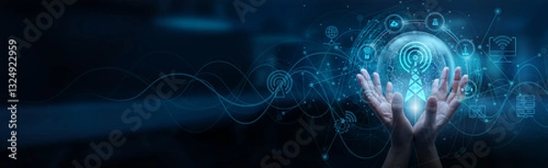 Fototapeta Hand of man holding a global telecommunications network connection, satellite communication, fiber optic cables, wireless technology, 5G infrastructure, internet of things (IoT), data transmission.