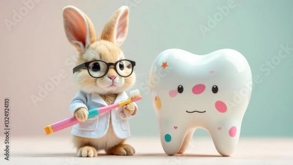 Obraz Cute bunny dentist holding toothbrush next to smiling tooth figurine. 