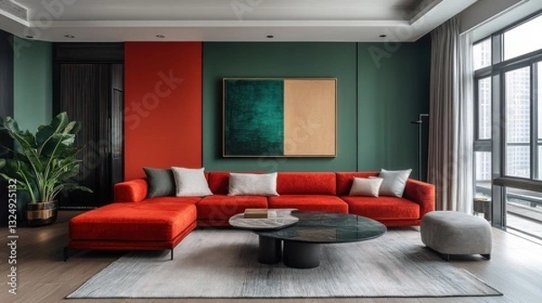 Fototapeta Modern apartment with sleek furniture in bold red and forest green tones, minimalist decor