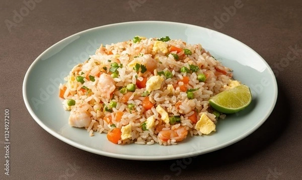 Fototapeta Delicious Khao Pad fried rice with eggs, vegetables, and shrimp served on a light blue plate