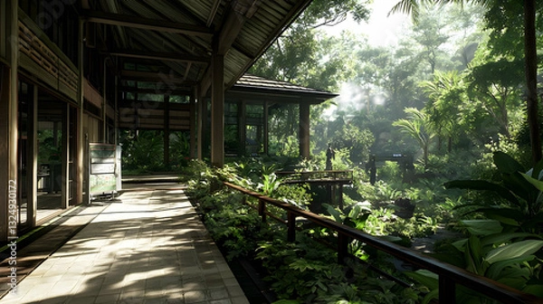 Fototapeta Green Forest Exterior With Wooden Structures And Lush Vegetation Under Sunny Daylight With Pathway
