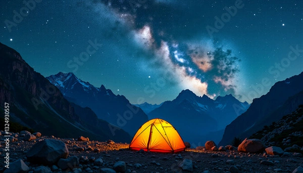 Obraz Tent in mountains under the starry sky. AI image