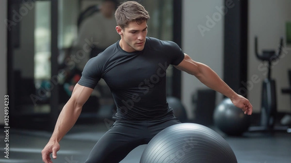 Fototapeta A trainer demonstrating functional training movements with a stability ball