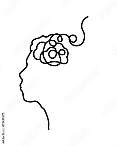 Fototapeta Continuous one line drawing of woman profile head with messy thread as a symbol of mental disorder. Editable stroke.