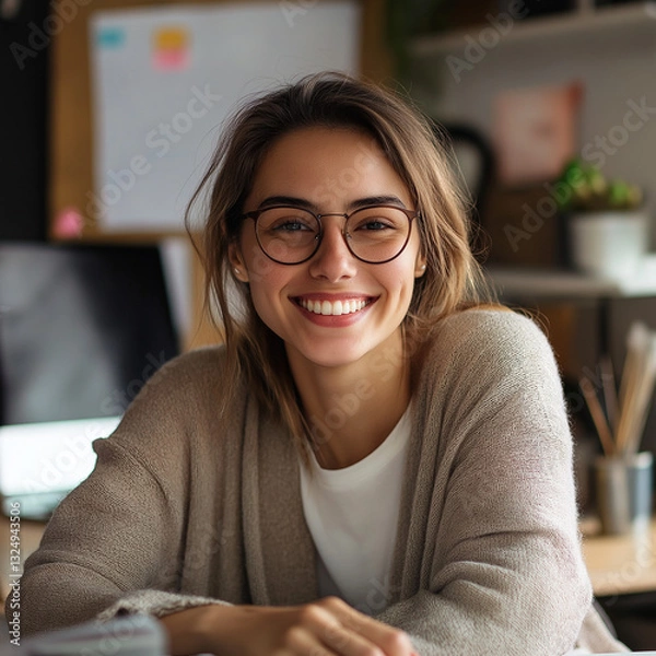 Fototapeta A person smiling confidently while working at a desk