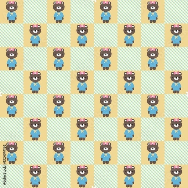 Fototapeta A cute and playful seamless pattern featuring a cartoon bear wearing a blue dress and a pink bow, arranged in a checkered design with soft pastel colors