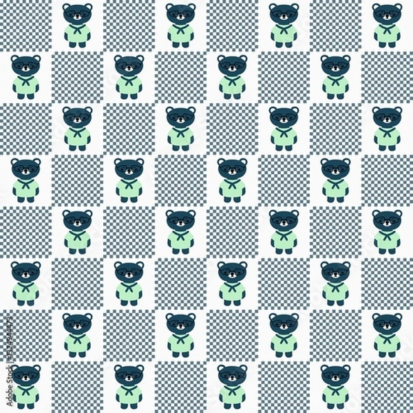 Fototapeta A cute and fun seamless pattern featuring a cartoon bear dressed in light green and wearing glasses arranged in a blue checkerboard pattern..jpg
