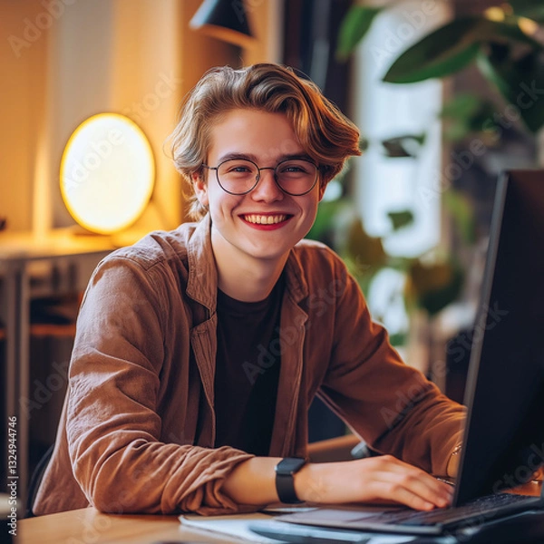 Fototapeta A guy smiling confidently while working at a desk