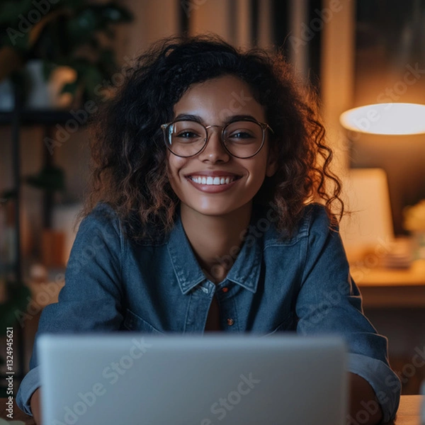 Fototapeta A young woman smiling confidently while working at a desk