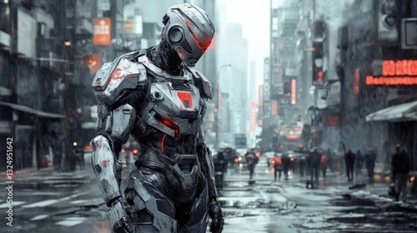 Obraz Cyberpunk Rain: Solitary Mech in Urban Sprawl
