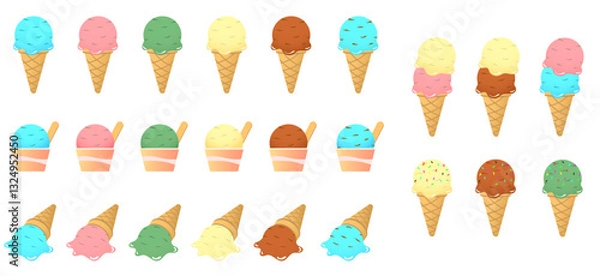 Obraz 色々なフレーバーのアイスのイラストセット（コーン、カップ）