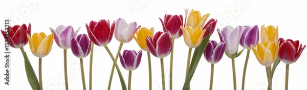 Fototapeta "Experience the elegance of spring.  
Vivid tulips gracefully arranged against a pure white background,  
highlighting the delicate beauty of seasonal blooms."