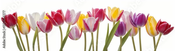 Fototapeta "Experience the elegance of spring.  
Vivid tulips gracefully arranged against a pure white background,  
highlighting the delicate beauty of seasonal blooms."