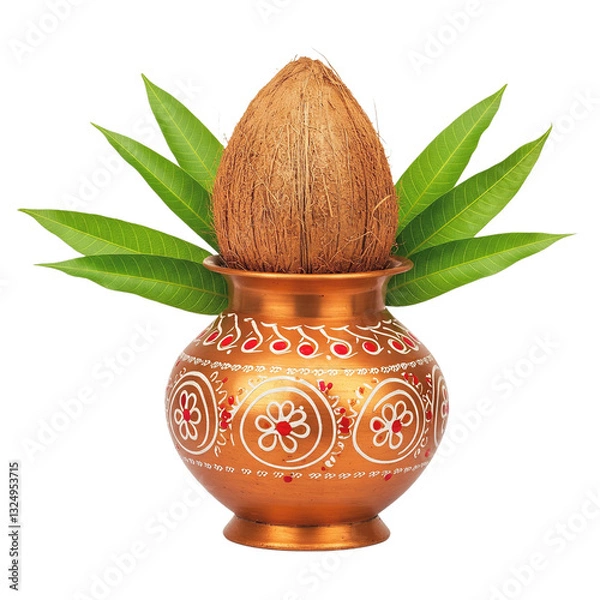 Fototapeta Copper Kalash with coconut, mango leaf, decoration on a white background. Essential in Hindu puja Chaitra Sukhladi