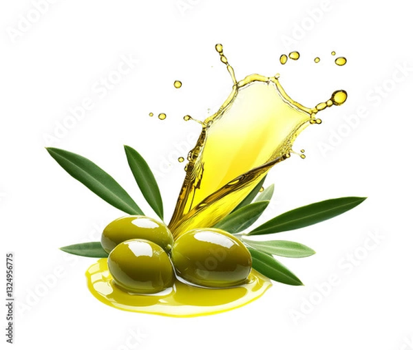 Fototapeta Green olives with twigs in olive oil splashes isolated on transparent background.