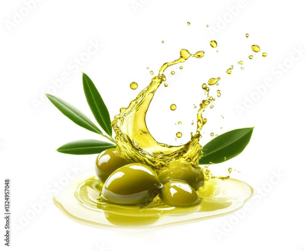 Fototapeta Green olives with twigs in olive oil splashes isolated on white background.