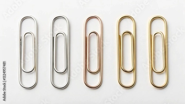 Fototapeta Crisp, Clean Office Paperclips: Studio Perfection. High-resolution image of metallic paperclips arranged neatly against a pristine white background, ideal for office supplies, stationery,   