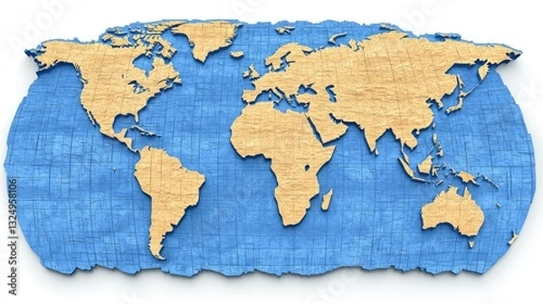 Fototapeta World map, 3D relief, textured, geography, educational, background