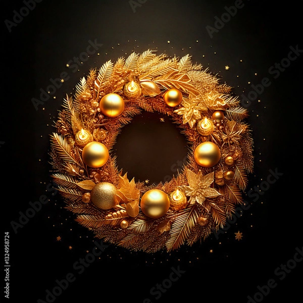 Fototapeta Golden Christmas Advent Wreath decoration on dark  background with many decorative branches, decorations, stars and four candles.