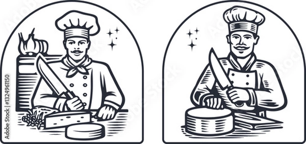 Fototapeta set of Chef male cook with knife and cheese vector illustration, engraving sketch ink poster black illustration etching style tattoo, Woodcut clean line Cheese, Chef, Cook Badge, old color, Emblem