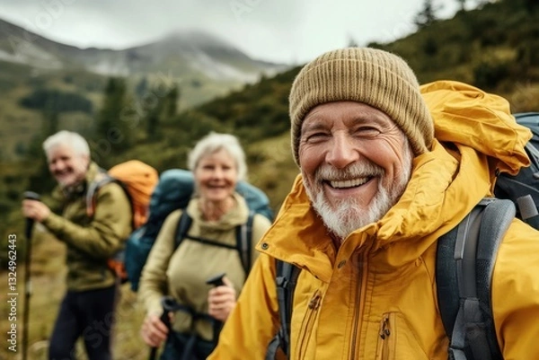 Fototapeta Elderly friends enjoying a hiking adventure in the mountains on a sunny day with joyful smiles and vibrant gear