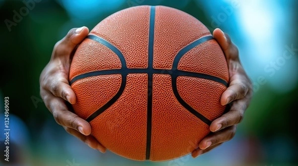 Fototapeta Basketball held by a player showcasing skill and anticipation on a sunny day in a park setting