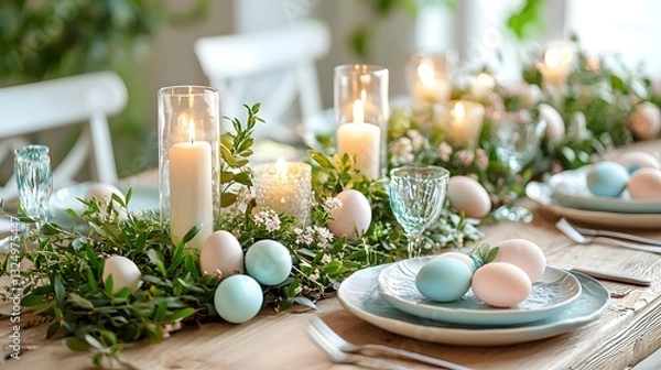 Fototapeta Decorative Easter table setting with pastel eggs and candles for celebration. Generative AI