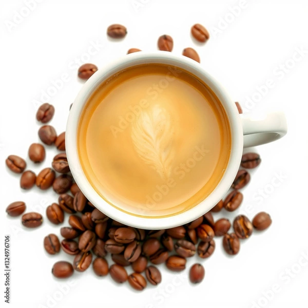Fototapeta Cup of Coffee with Latte Art and Coffee Beans on White Background