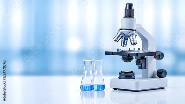 Fototapeta Modern microscope and test tubes on a lab table