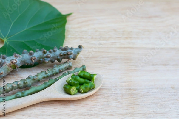 Fototapeta Tinospora crispa,heart leaved moonseed on wooden board with space for texture