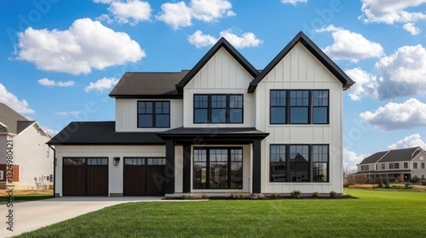Obraz A contemporary two-story farmhouse with off-white exterior paint and dark walnut window frames