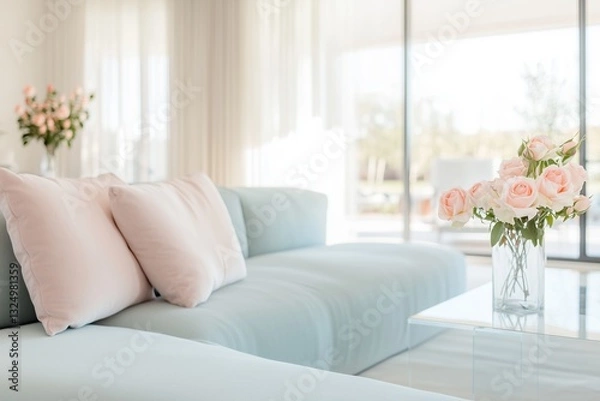 Fototapeta serene and modern living room bathed in natural daylight, featuring a soft pastel color palette of white, blush pink, and muted blue
